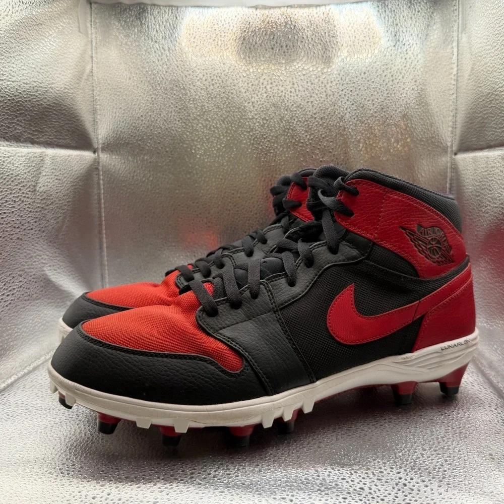 Size 13 Jordan 1 TD Cleat Mid Bred Red Black Mens Athletic Shoes AR5604-061